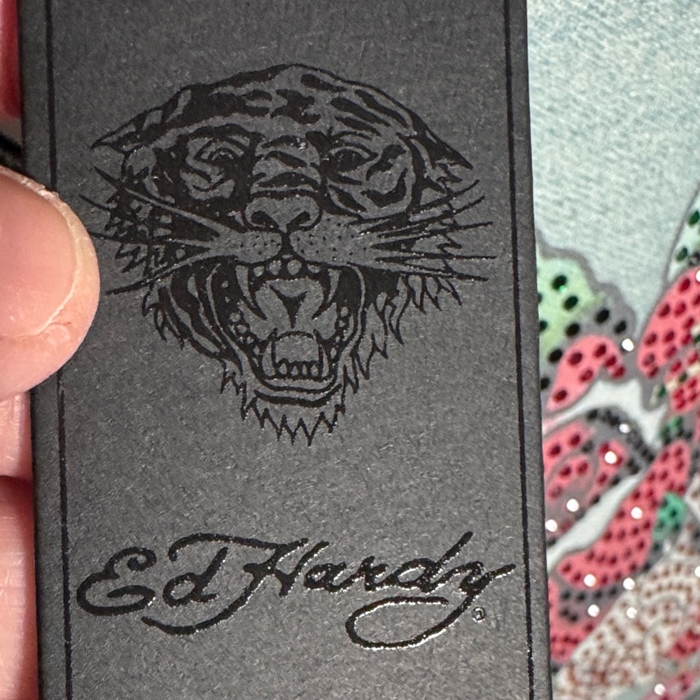 NWT Ed Hardy Lg Tote/ Studded Floral Skull Crossbody Bag - Black and Light Blue - Picture 9 of 12